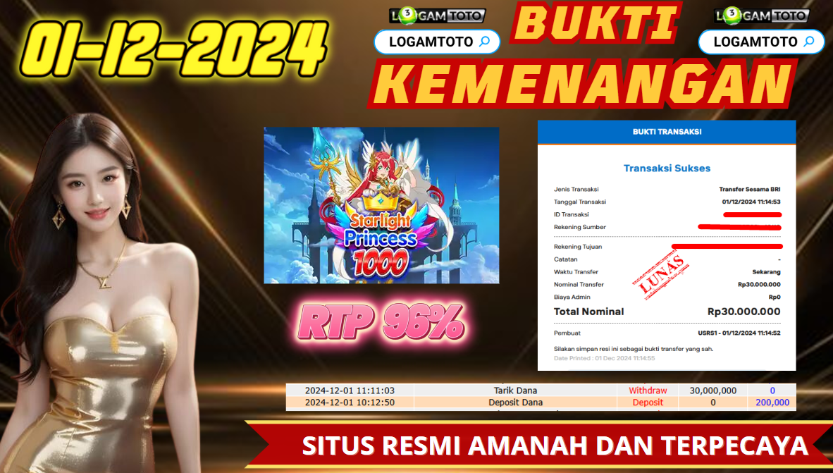 SELAMAT KEPADA MEMBER SETIA LOGAMTOTO BERHASIL JACKPOT DI PERMAINAN SLOT STARLIGHT PRINCESS 1000